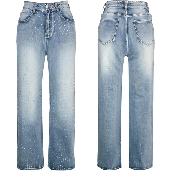 Women’s Rhinestone Glitter Jeans Baggy High Waist Wide Leg Y2K Style - Picture 8 of 8